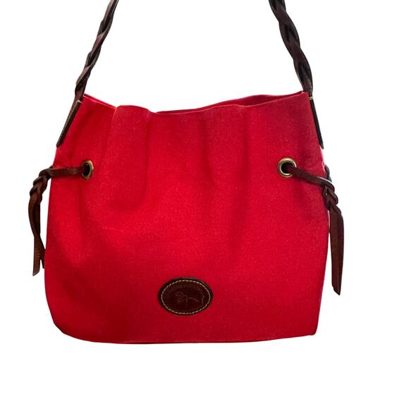 Dooney & Bourke Nylon Shopper Tote Leather Trim Drawstring Red Bag Purse - Picture 2 of 9